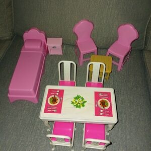 Pink Dollhouse Furniture Set Barbie Doll Size Bedroom Dining Room Playset